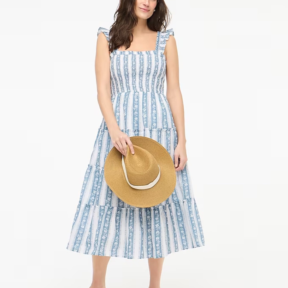 J. Crew Factory Blue and White Smocked Midi Sundress